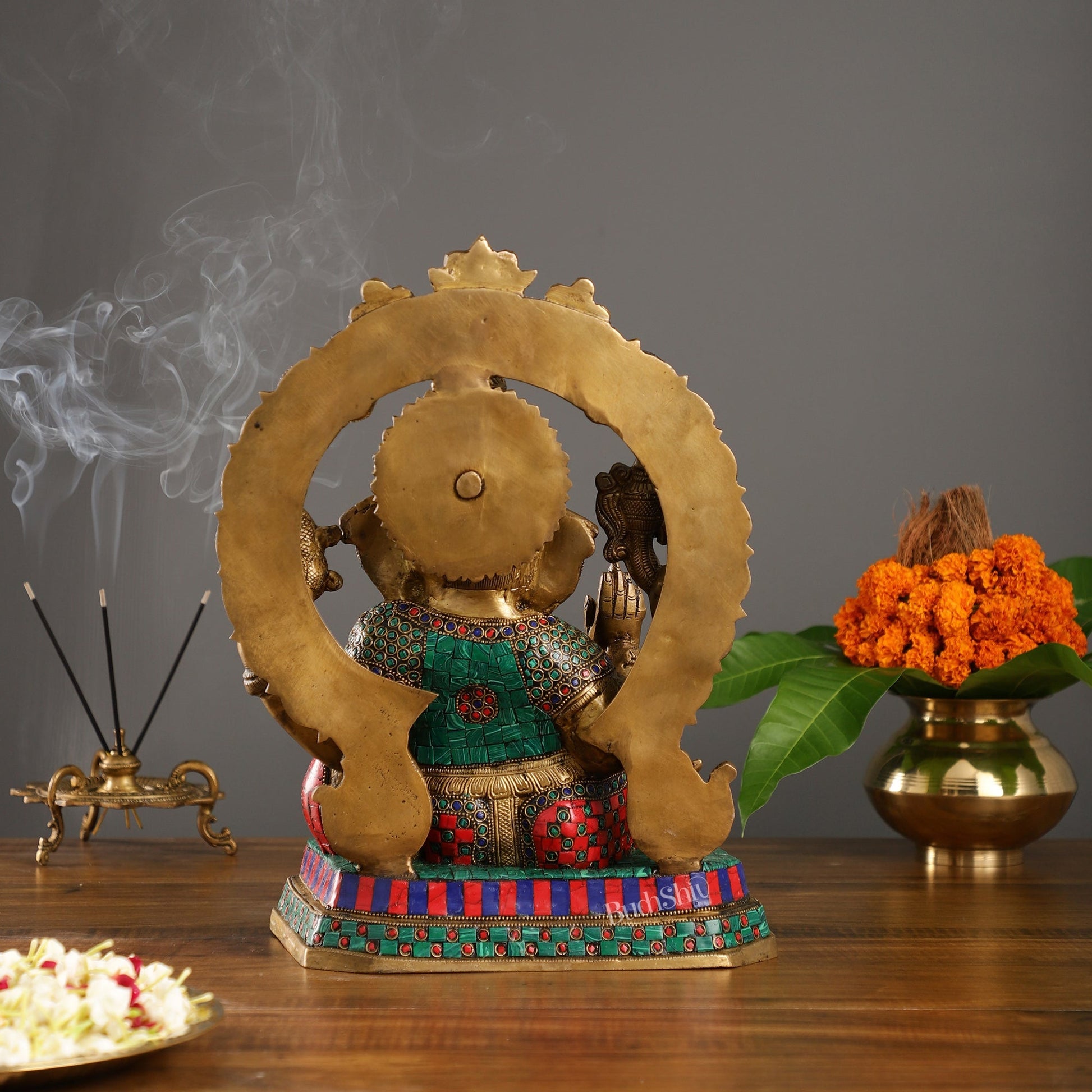 Exquisite Ganesha Brass Statue with Stonework - 14"