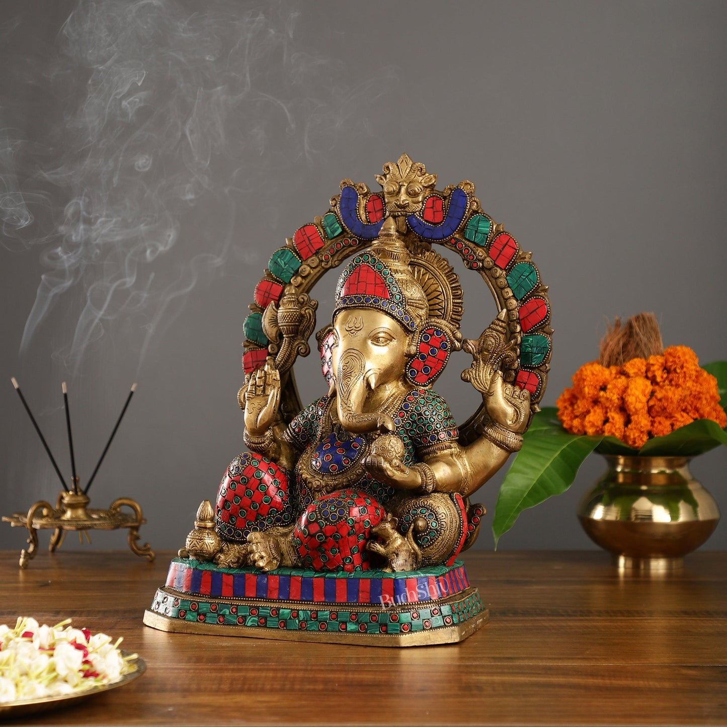 Exquisite Ganesha Brass Statue with Stonework - 14"