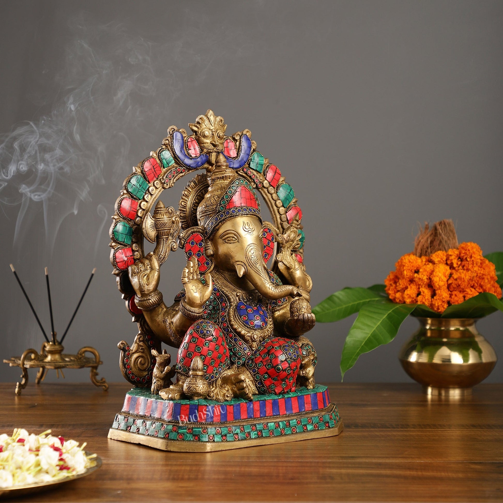 Exquisite Ganesha Brass Statue with Stonework - 14"