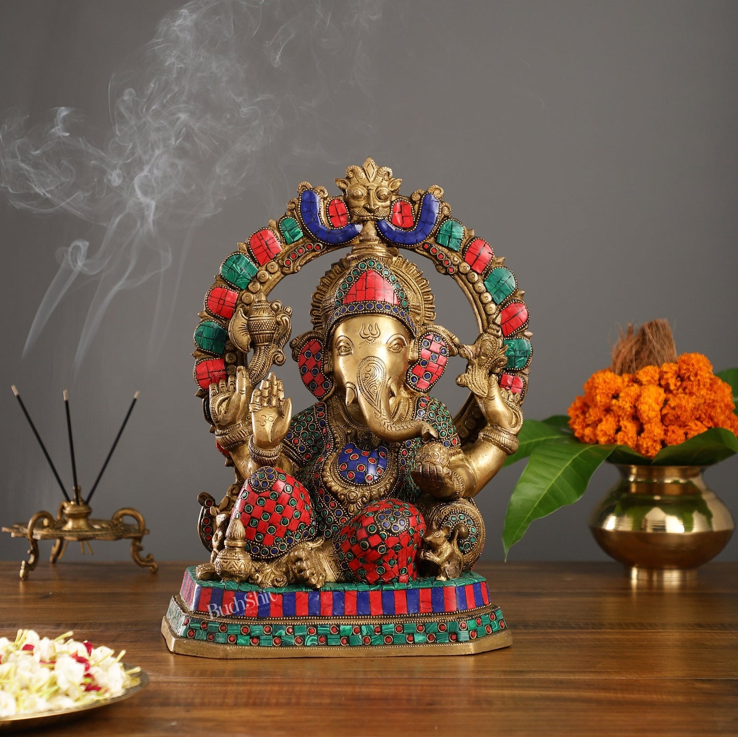 Exquisite Ganesha Brass Statue with Stonework - 14"
