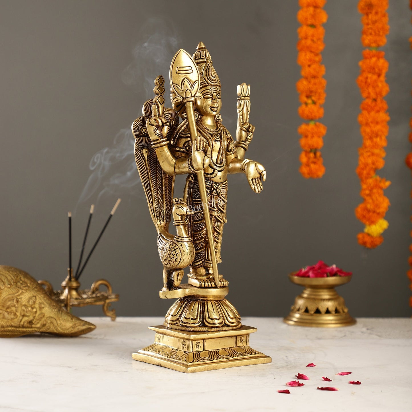 Handcrafted Brass Murugan Lord Kartikeya Statue | 14" Height |
