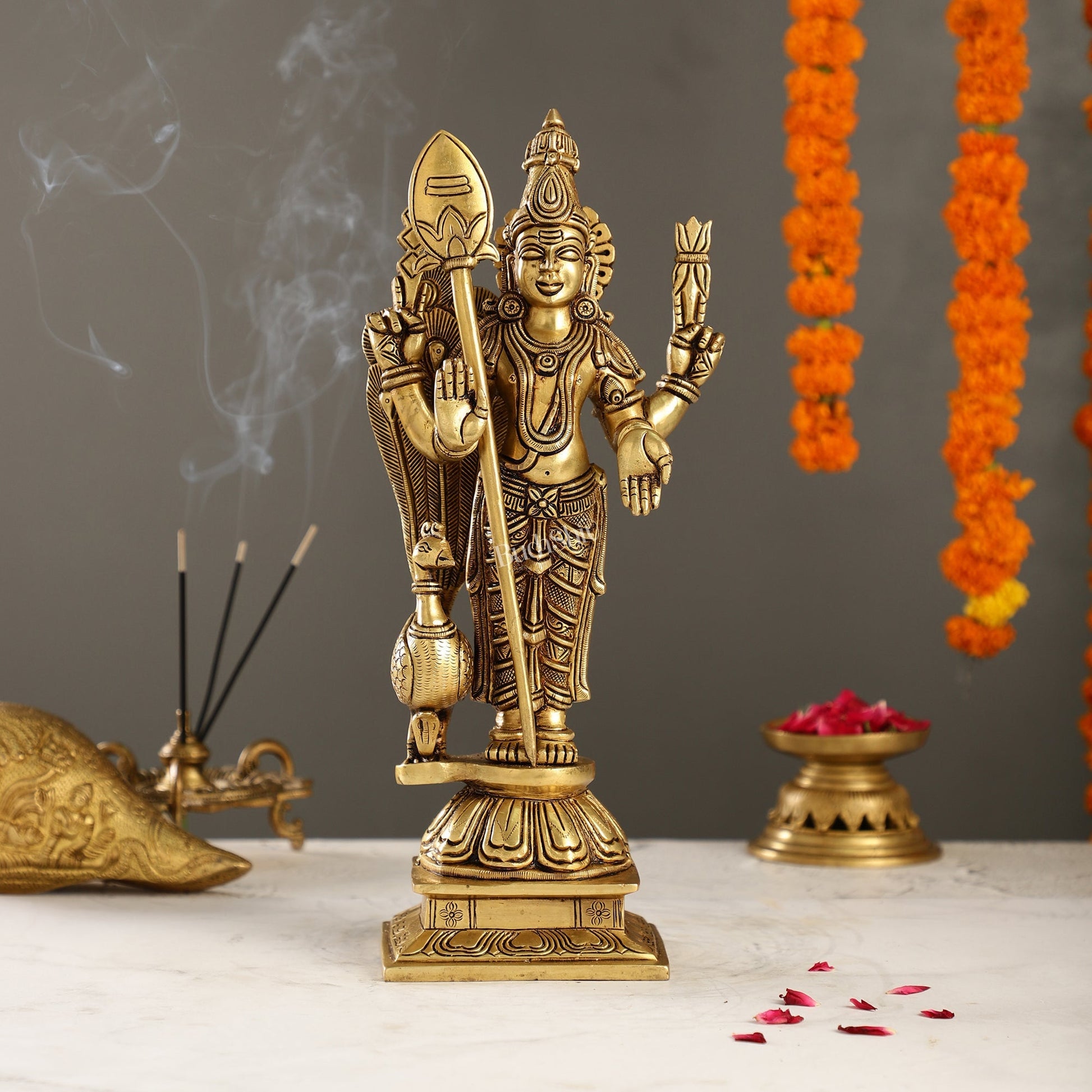 Handcrafted Brass Murugan Lord Kartikeya Statue | 14" Height |