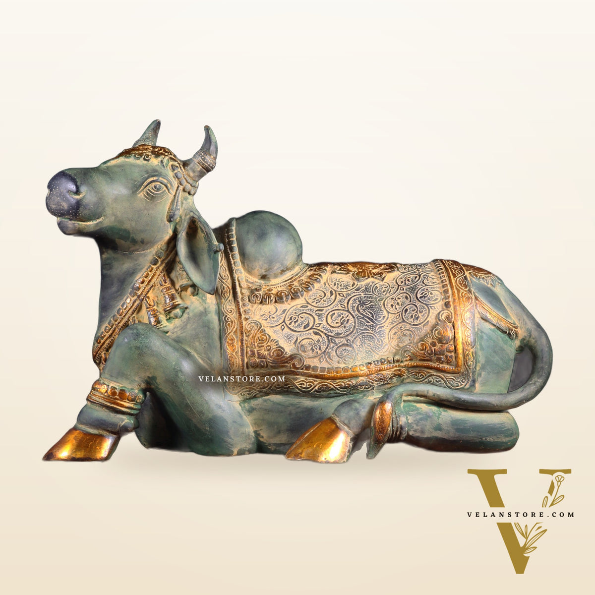 Exquisite Handcrafted Brass Nandi Idol – Vintage Green Patina 21"