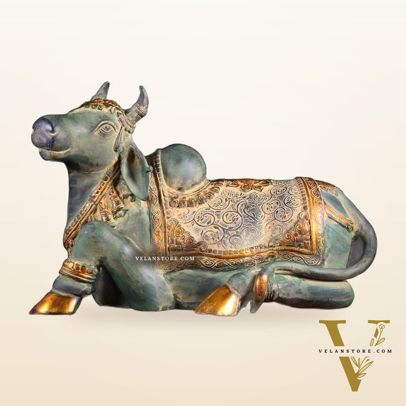Exquisite Handcrafted Brass Nandi Idol – Vintage Green Patina 21"