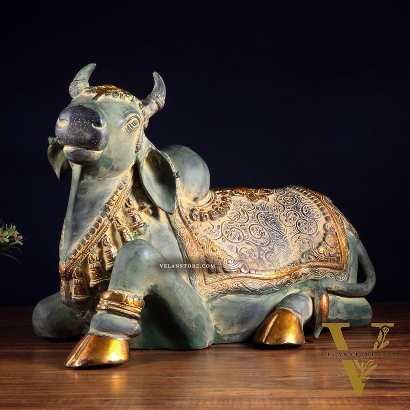 Exquisite Handcrafted Brass Nandi Idol – Vintage Green Patina 21"