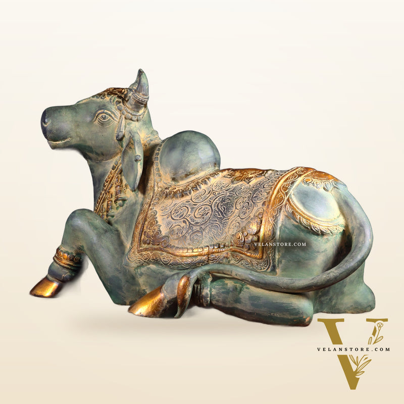 Exquisite Handcrafted Brass Nandi Idol – Vintage Green Patina 21"