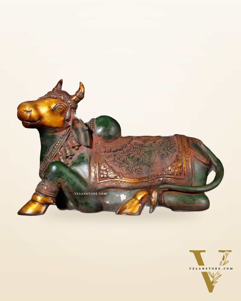 Exquisite Handcrafted Brass Nandi Idol – Vintage Green & Red Patina 21"