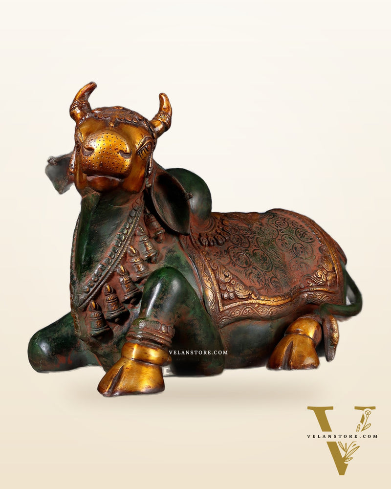 Exquisite Handcrafted Brass Nandi Idol – Vintage Green & Red Patina 21"