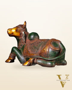 Exquisite Handcrafted Brass Nandi Idol – Vintage Green & Red Patina 21"