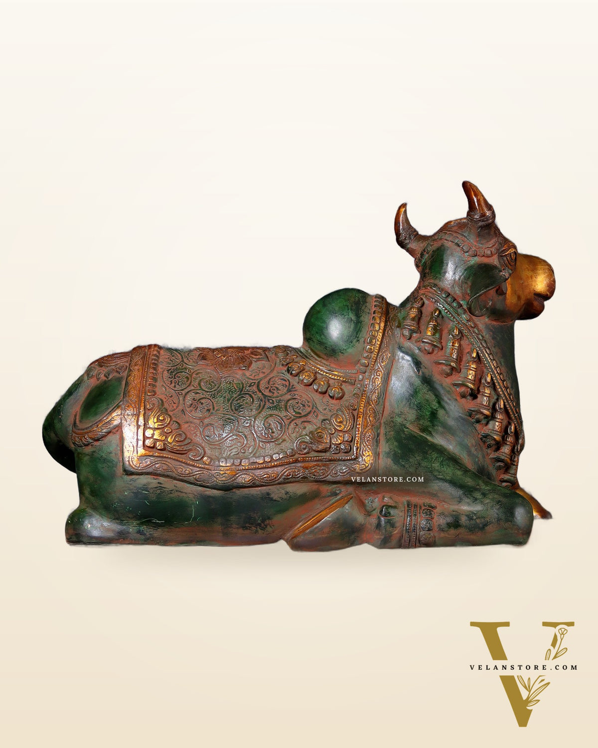 Exquisite Handcrafted Brass Nandi Idol – Vintage Green & Red Patina 21"