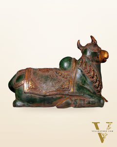 Exquisite Handcrafted Brass Nandi Idol – Vintage Green & Red Patina 21"