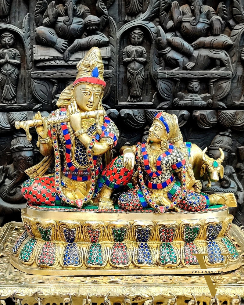 Exquisite Handcrafted Brass Radha Krishna Statue with Cow - 15"