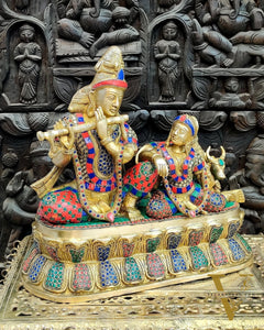 Exquisite Handcrafted Brass Radha Krishna Statue with Cow - 15"