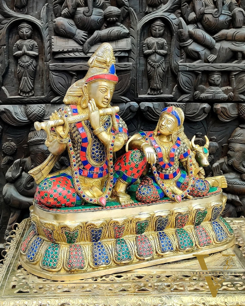 Exquisite Handcrafted Brass Radha Krishna Statue with Cow - 15"
