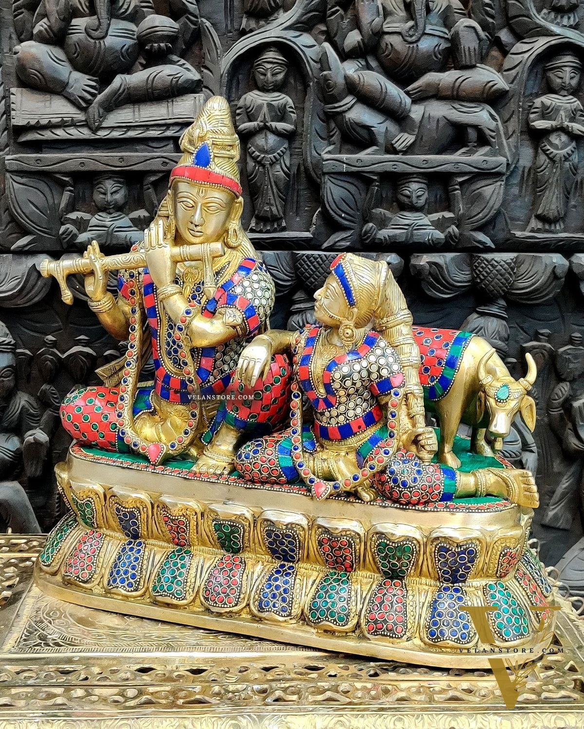 Exquisite Handcrafted Brass Radha Krishna Statue with Cow - 15"