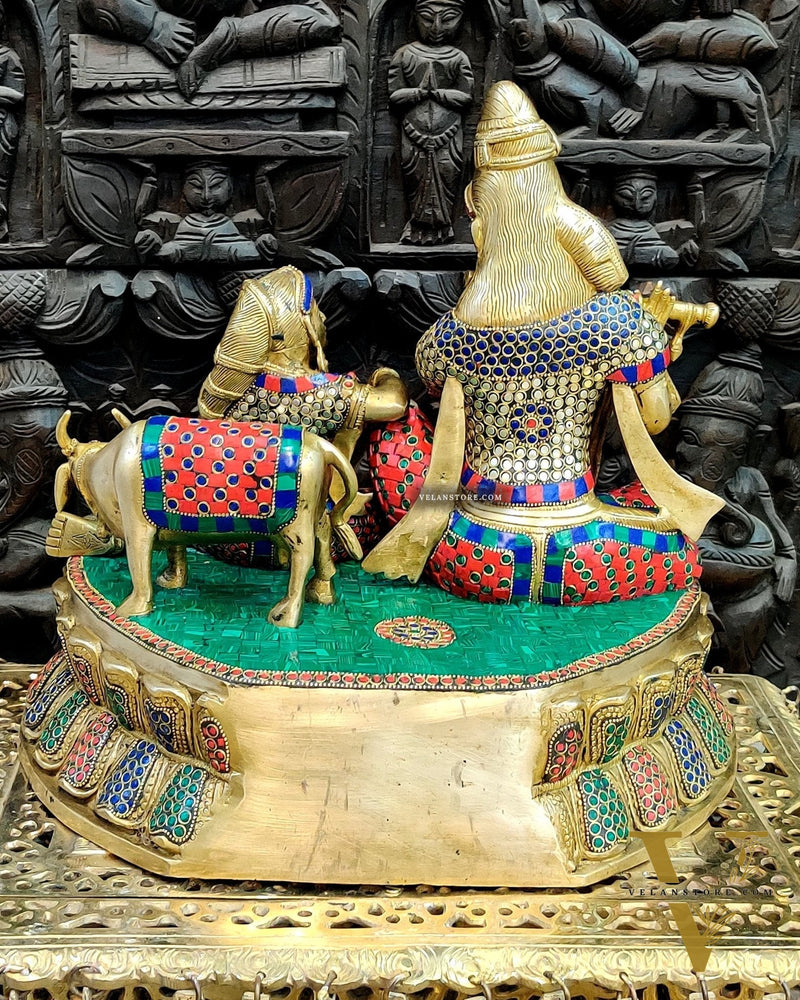 Exquisite Handcrafted Brass Radha Krishna Statue with Cow - 15"