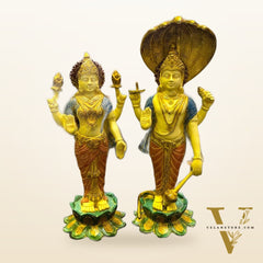 Exquisite Handcrafted Brass Vishnu and Lakshmi Statues | 17" Height