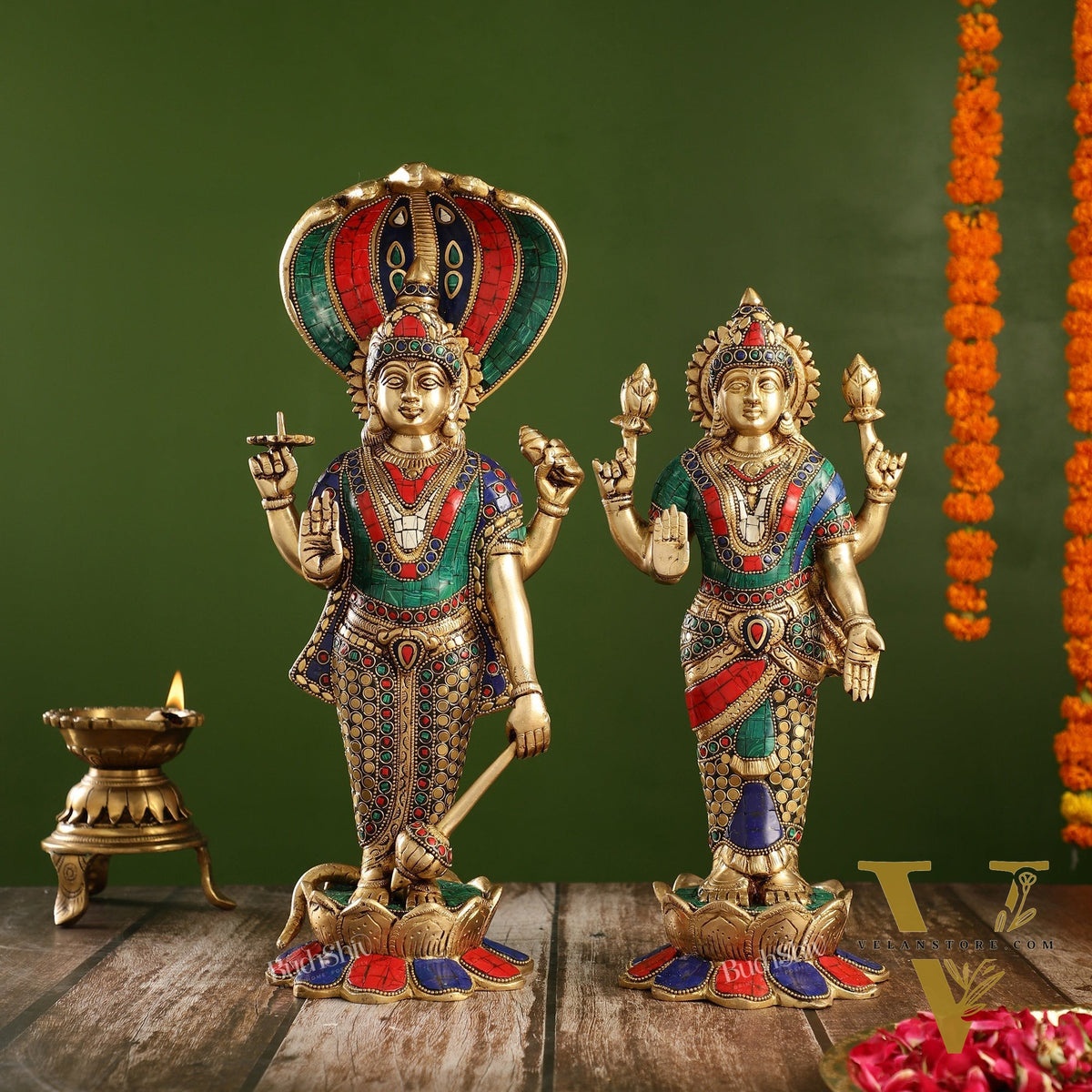 Exquisite Handcrafted Brass Vishnu and Lakshmi Statues | 17" Height