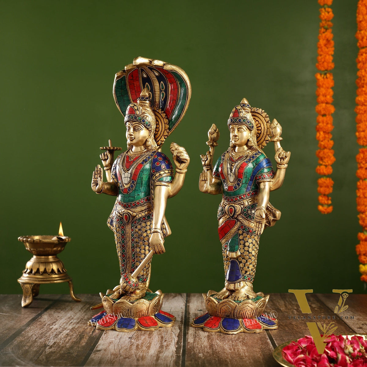 Exquisite Handcrafted Brass Vishnu and Lakshmi Statues | 17" Height