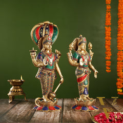 Exquisite Handcrafted Brass Vishnu and Lakshmi Statues | 17" Height