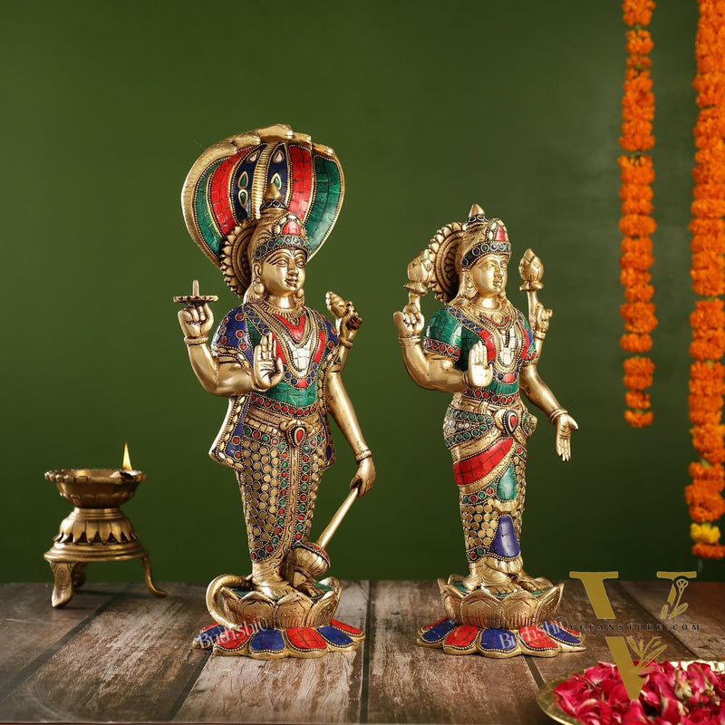 Exquisite Handcrafted Brass Vishnu and Lakshmi Statues | 17" Height