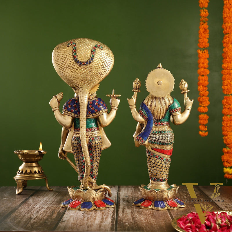 Exquisite Handcrafted Brass Vishnu and Lakshmi Statues | 17" Height