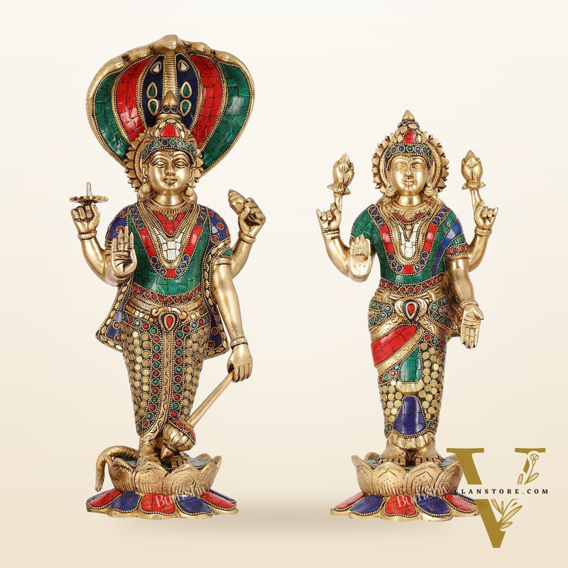 Exquisite Handcrafted Brass Vishnu and Lakshmi Statues | 17" Height
