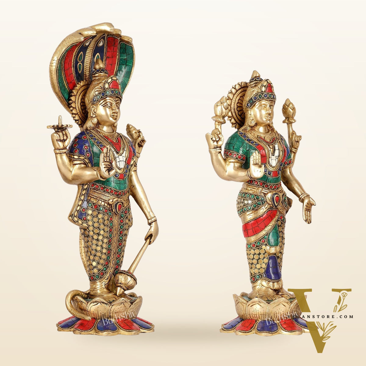 Exquisite Handcrafted Brass Vishnu and Lakshmi Statues | 17" Height