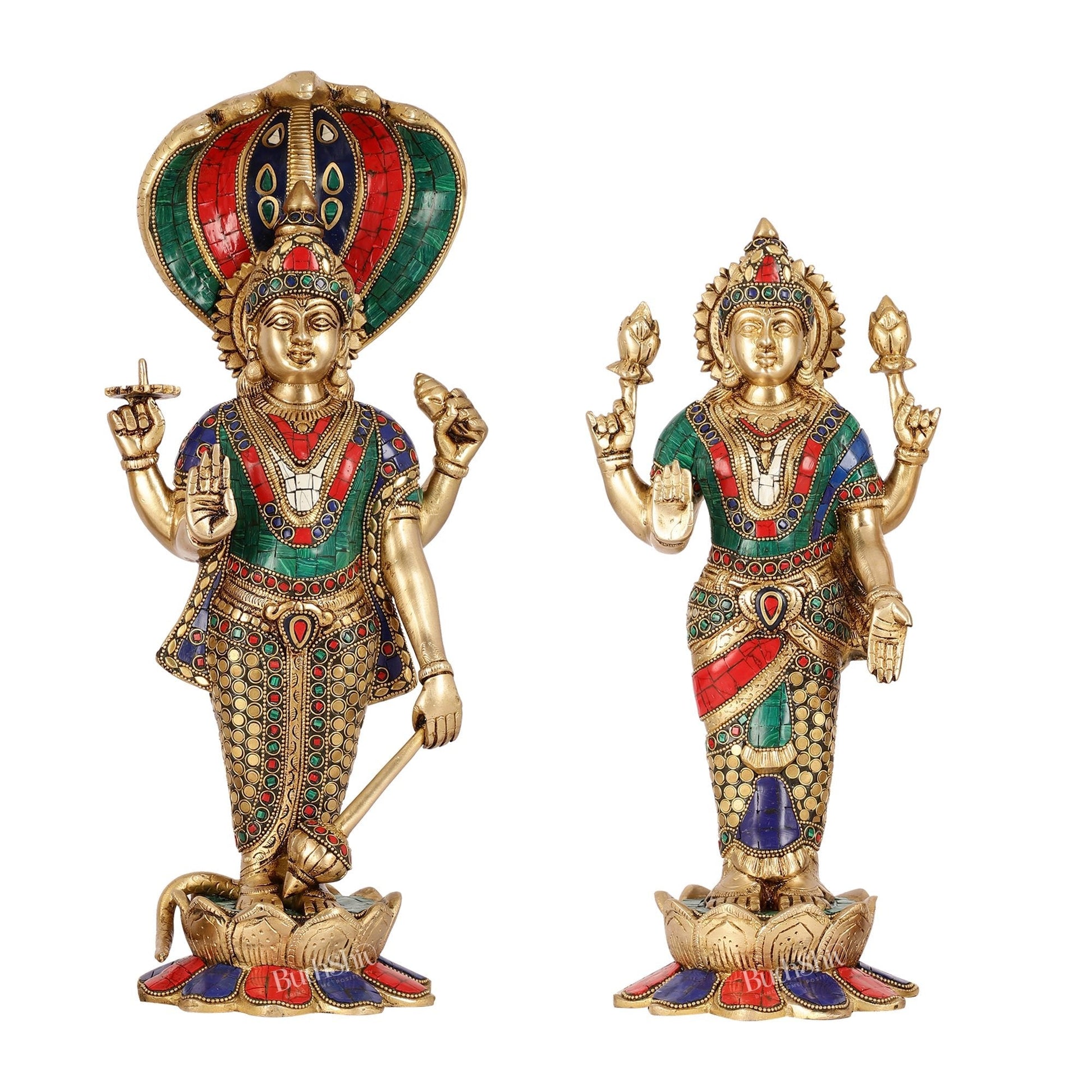Exquisite Handcrafted Brass Vishnu and Lakshmi Statues | 17" Height