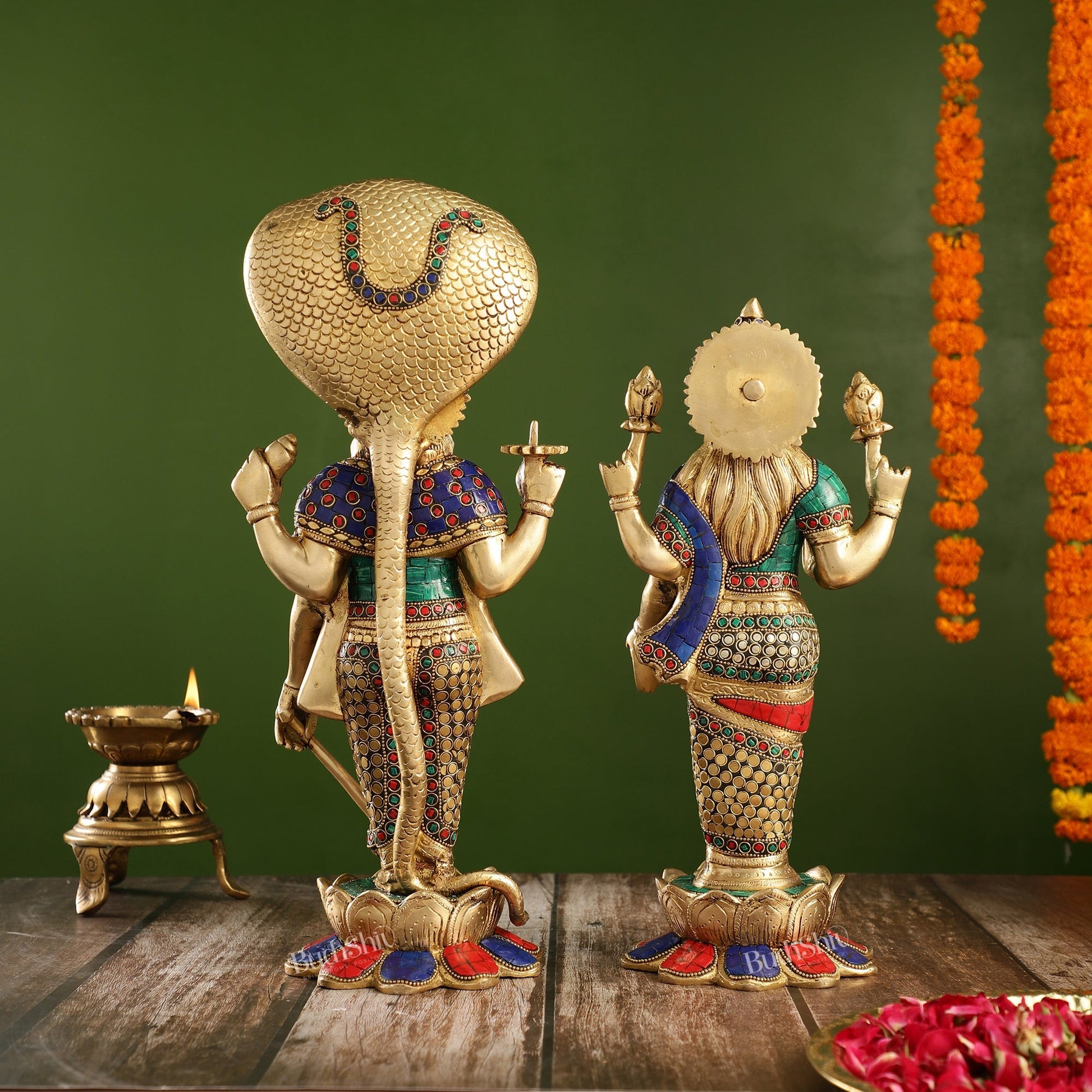 Exquisite Handcrafted Brass Vishnu and Lakshmi Statues | 17" Height