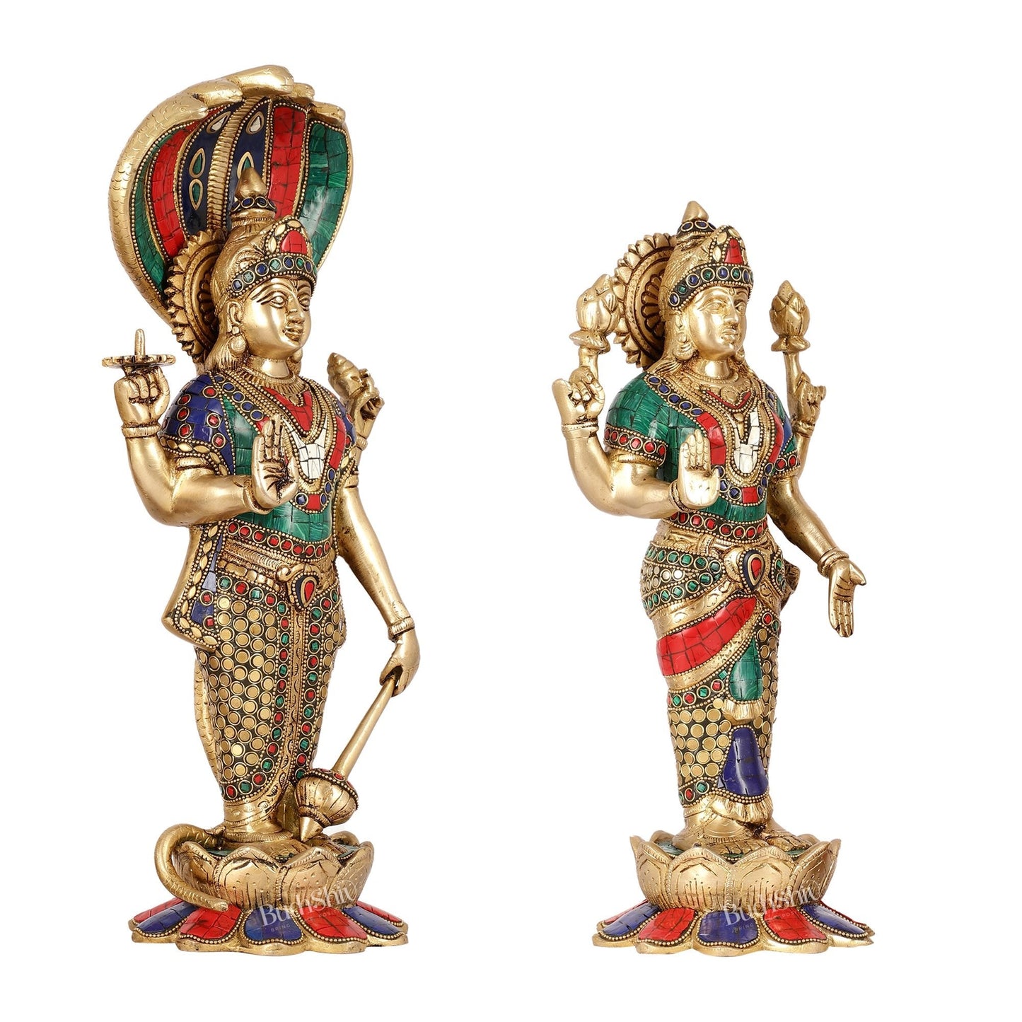 Exquisite Handcrafted Brass Vishnu and Lakshmi Statues | 17" Height