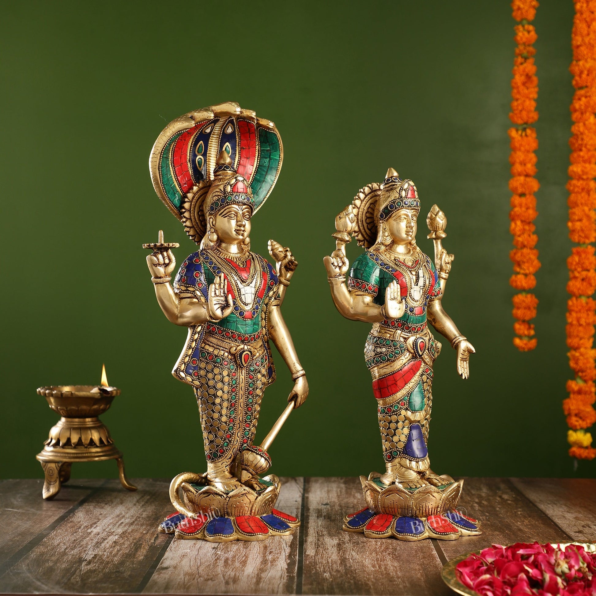 Exquisite Handcrafted Brass Vishnu and Lakshmi Statues | 17" Height