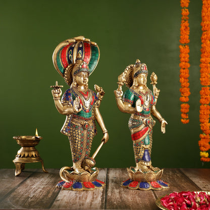 Exquisite Handcrafted Brass Vishnu and Lakshmi Statues | 17" Height