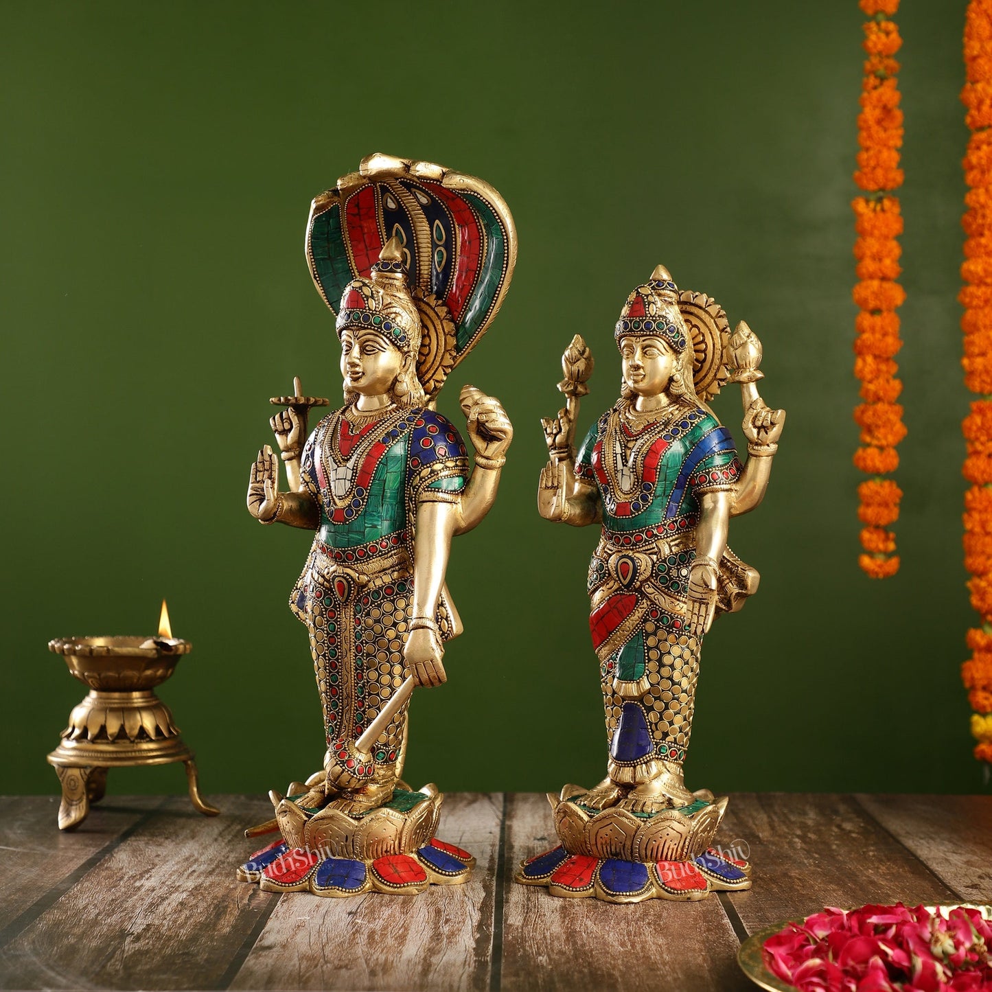 Exquisite Handcrafted Brass Vishnu and Lakshmi Statues | 17" Height