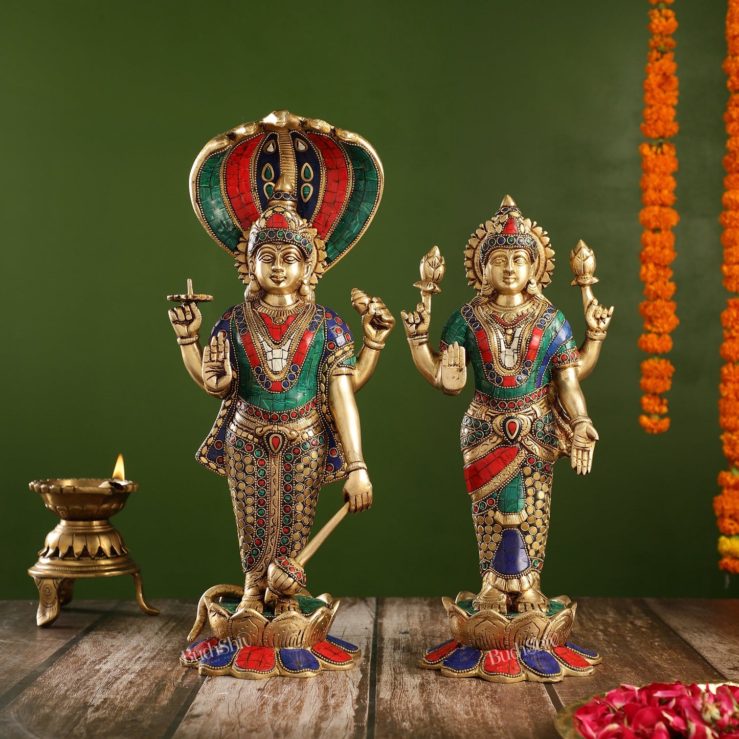 Exquisite Handcrafted Brass Vishnu and Lakshmi Statues | 17" Height