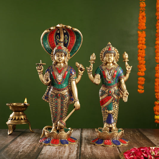 Exquisite Handcrafted Brass Vishnu and Lakshmi Statues | 17" Height