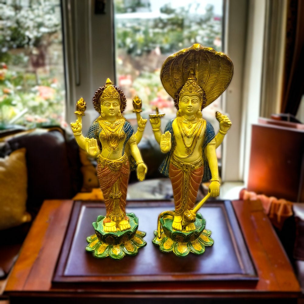 Exquisite Handcrafted Brass Vishnu and Lakshmi Statues | 17" Height