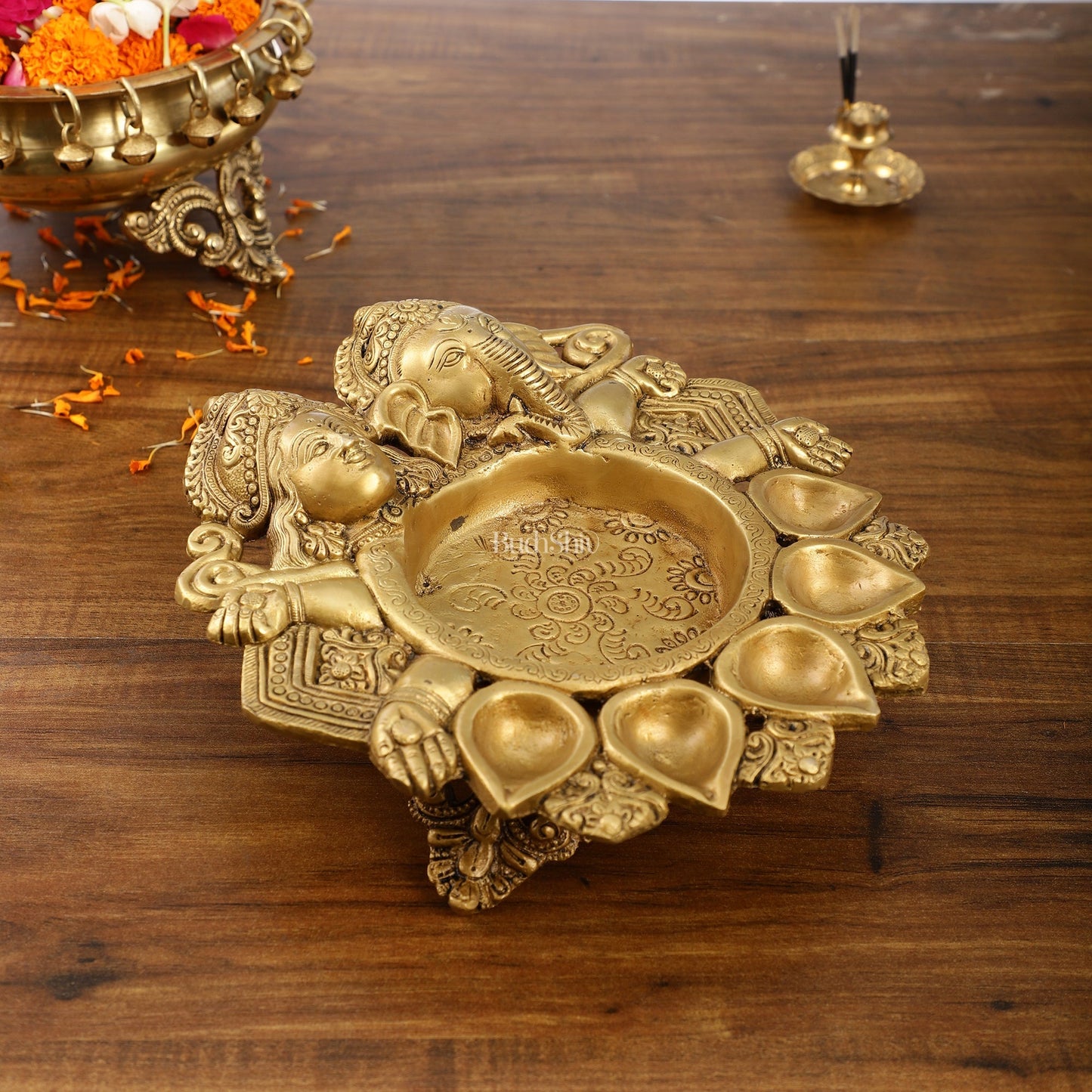 Exquisite Handcrafted Ganesha and Lakshmi Urli Diya and Urli