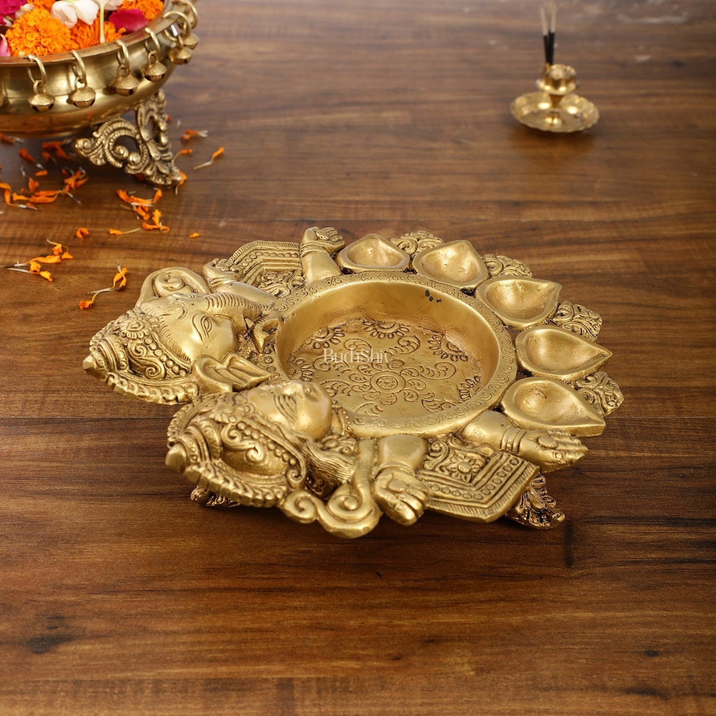 Exquisite Handcrafted Ganesha and Lakshmi Urli Diya and Urli