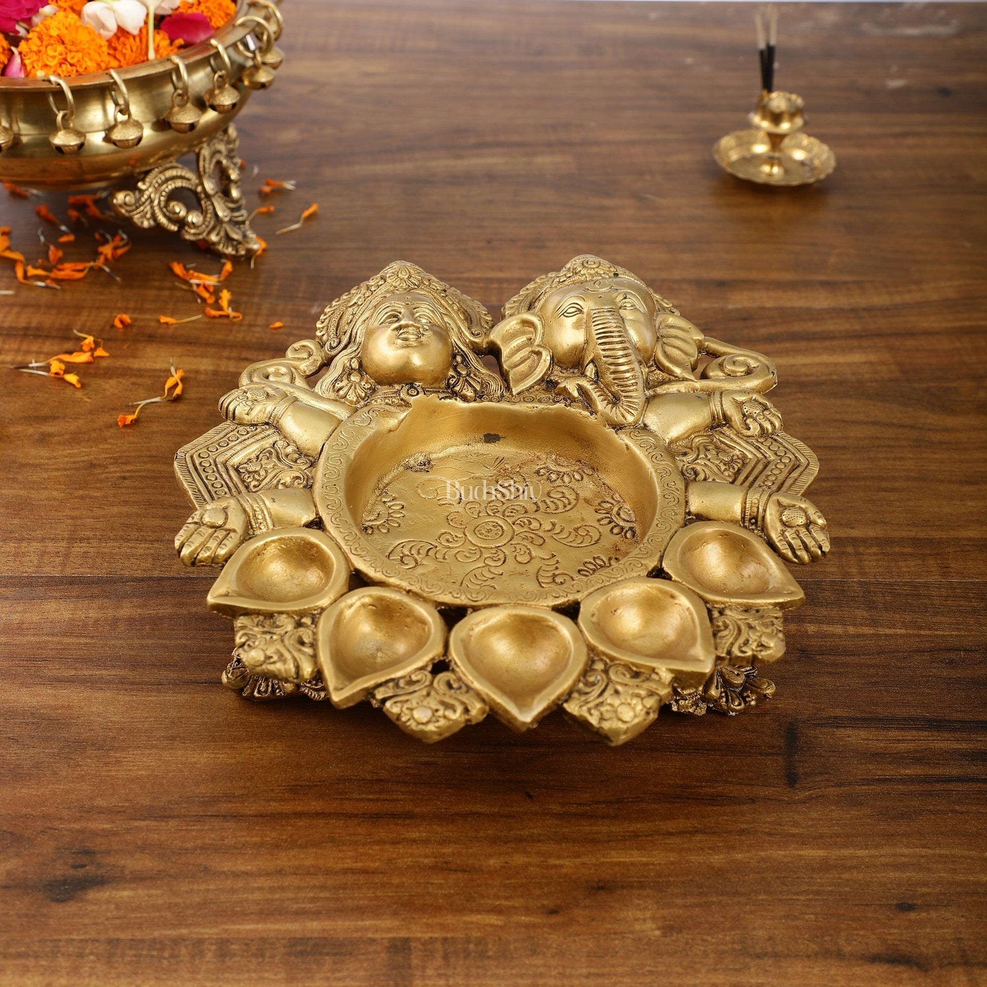 Exquisite Handcrafted Ganesha and Lakshmi Urli Diya and Urli
