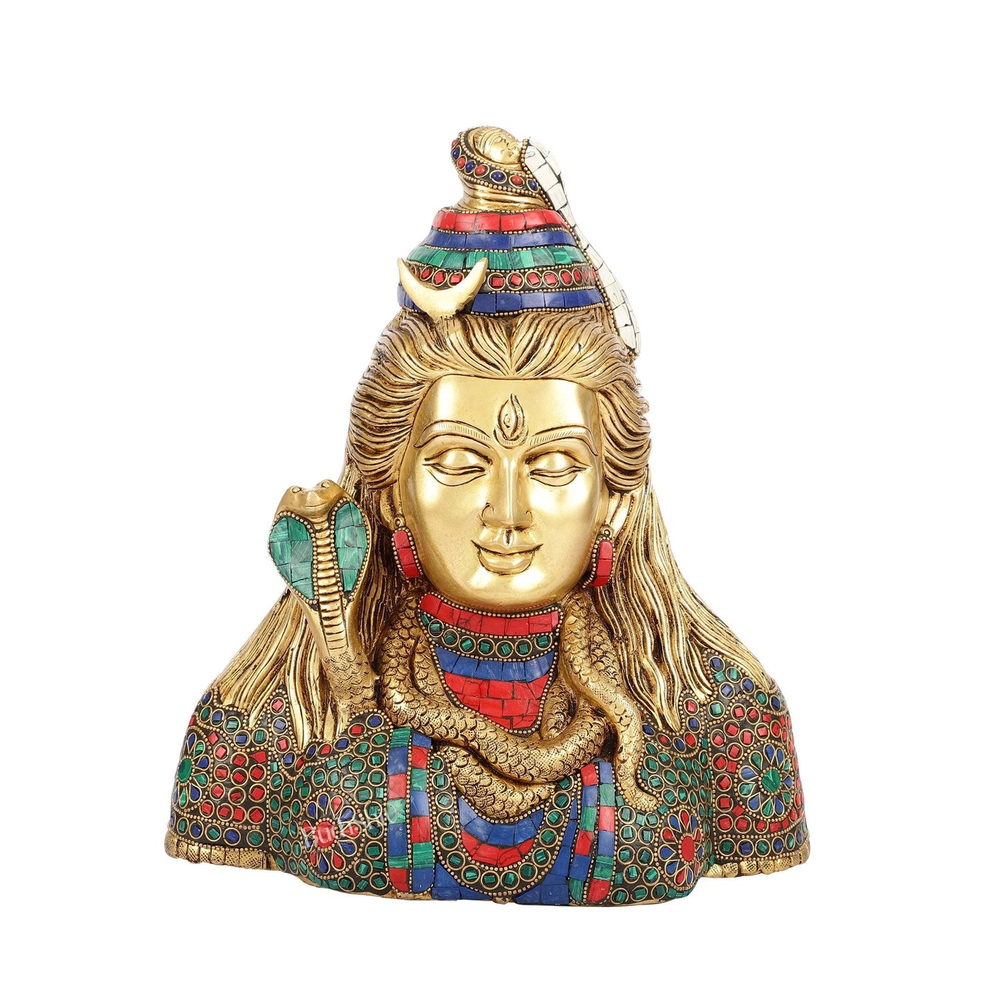 Exquisite Handcrafted Lord Shiva Bust Statue - Superfine Brass Tabletop Decor 12" with stonework