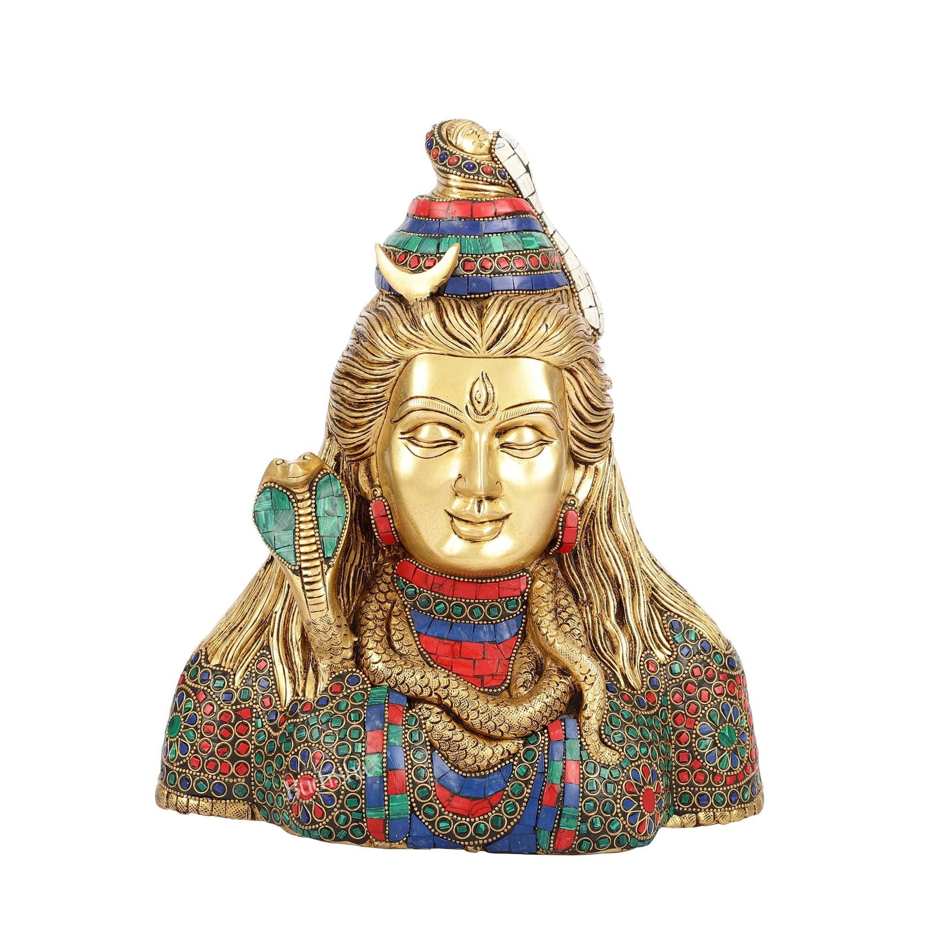 Exquisite Handcrafted Lord Shiva Bust Statue - Superfine Brass Tabletop Decor 12" with stonework