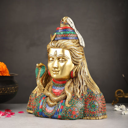 Exquisite Handcrafted Lord Shiva Bust Statue - Superfine Brass Tabletop Decor 12" with stonework