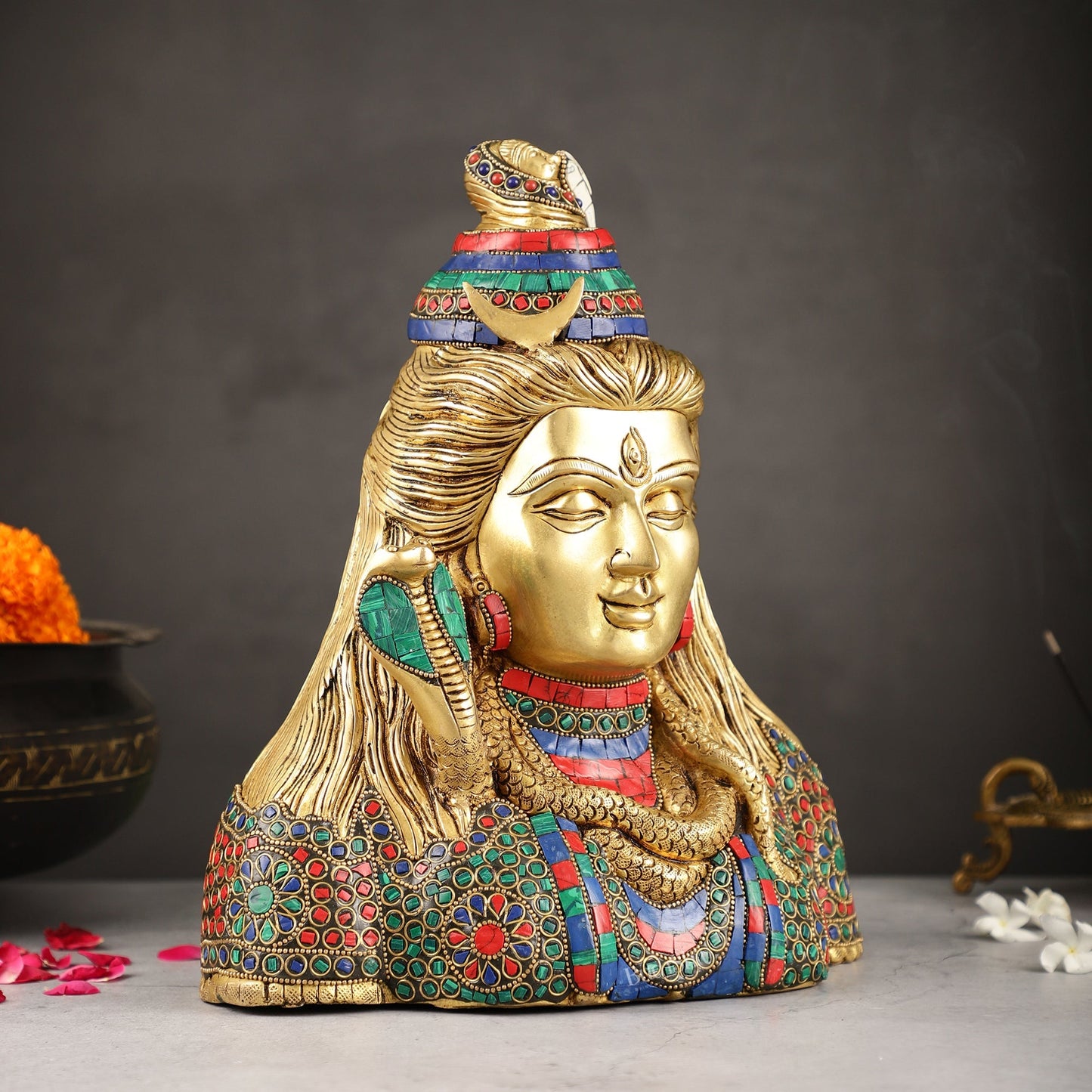 Exquisite Handcrafted Lord Shiva Bust Statue - Superfine Brass Tabletop Decor 12" with stonework