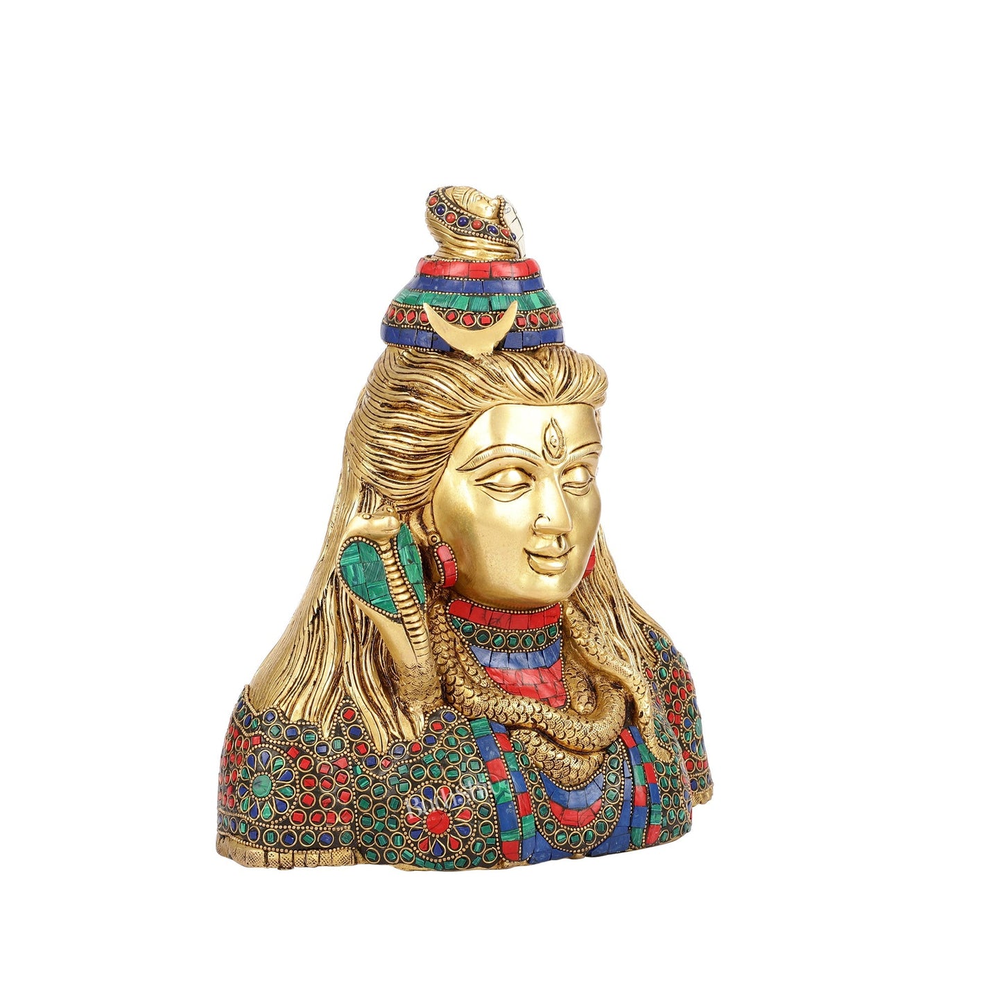 Exquisite Handcrafted Lord Shiva Bust Statue - Superfine Brass Tabletop Decor 12" with stonework