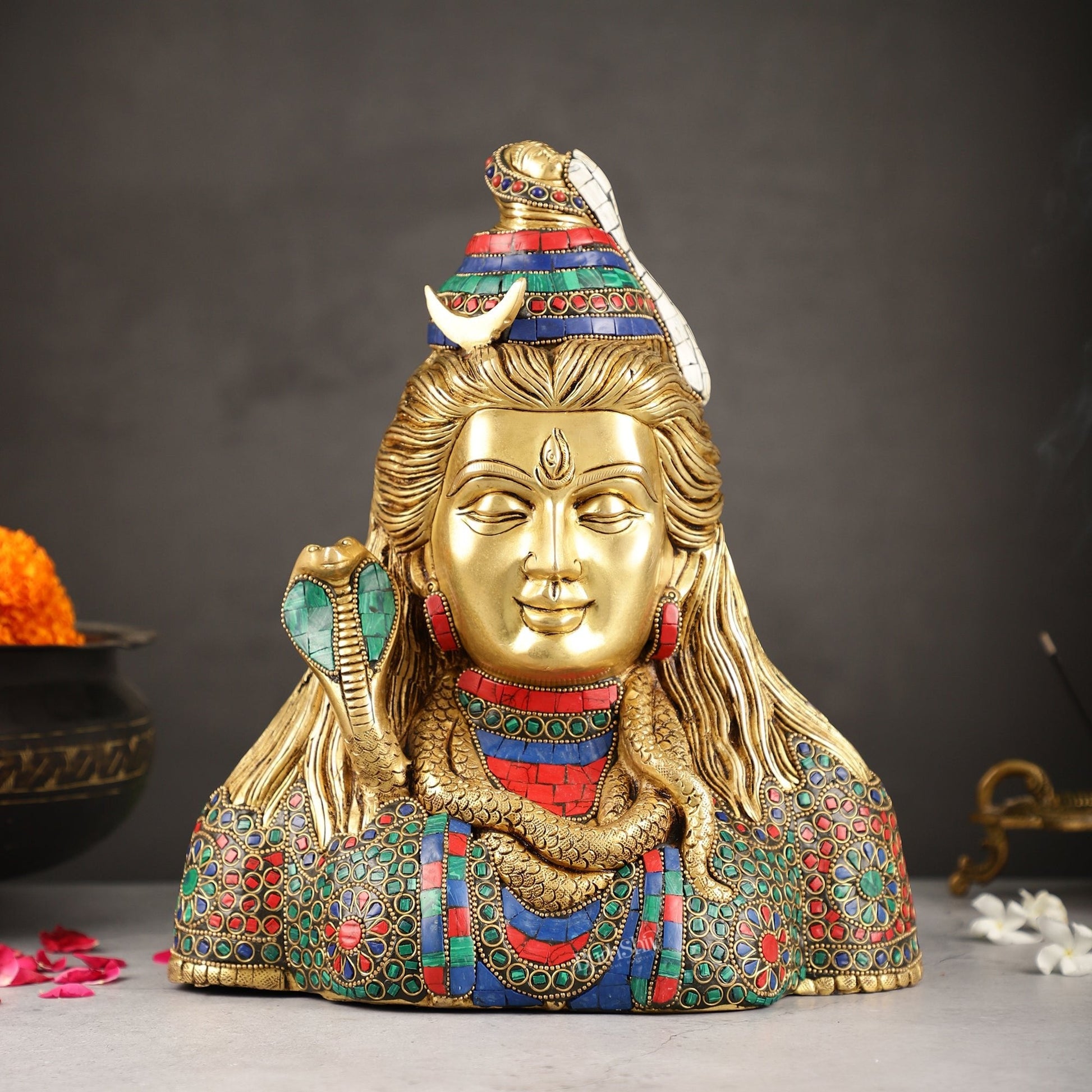 Exquisite Handcrafted Lord Shiva Bust Statue - Superfine Brass Tabletop Decor 12" with stonework