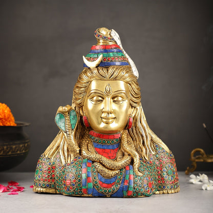 Exquisite Handcrafted Lord Shiva Bust Statue - Superfine Brass Tabletop Decor 12" with stonework