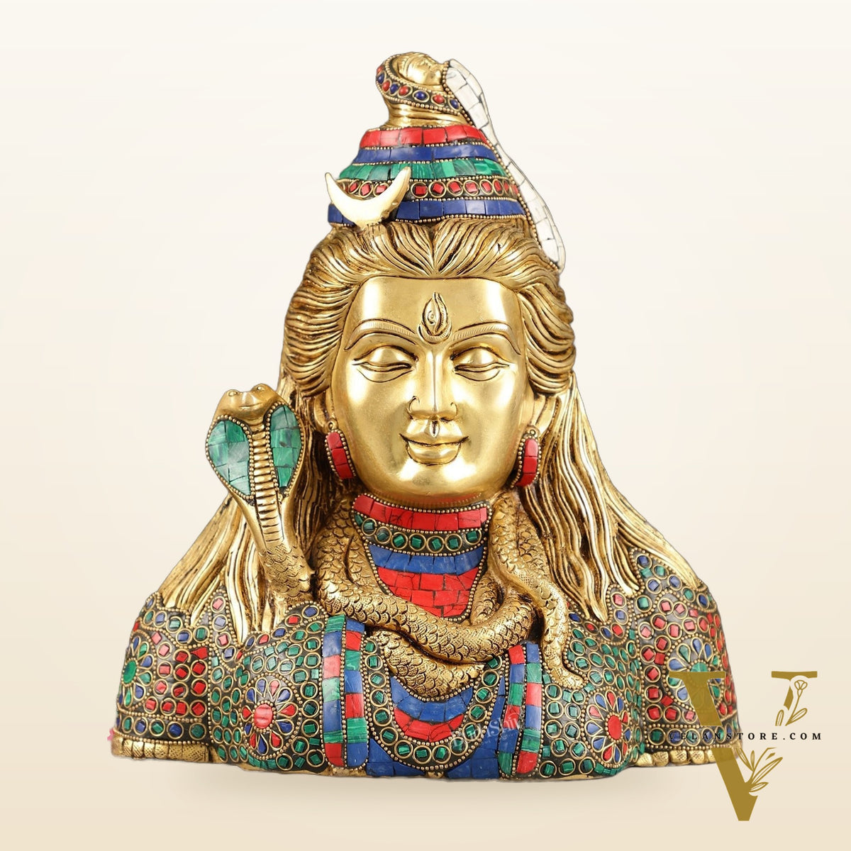 Exquisite Handcrafted Lord Shiva Bust Statue - Superfine Brass Tabletop Decor 12" with stonework