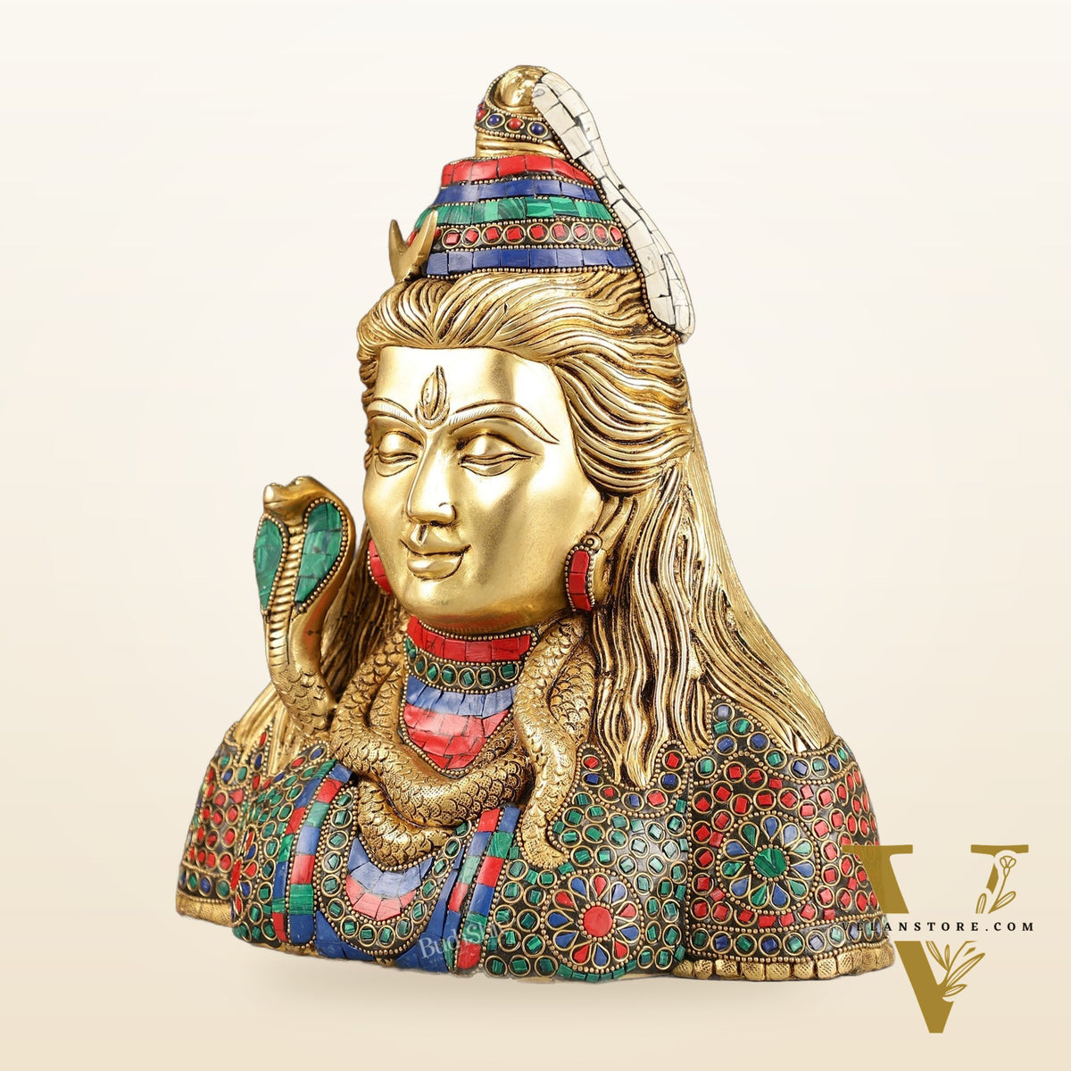 Exquisite Handcrafted Lord Shiva Bust Statue - Superfine Brass Tabletop Decor 12" with stonework