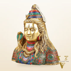 Exquisite Handcrafted Lord Shiva Bust Statue - Superfine Brass Tabletop Decor 12" with stonework